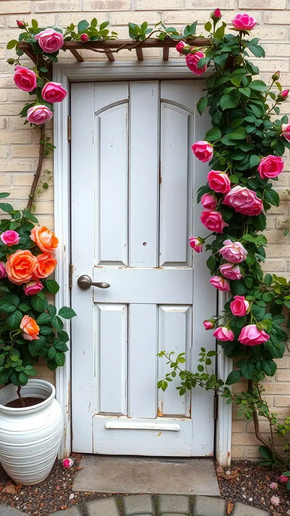 27 Creative DIY Garden Trellis Ideas for Your Outdoor Space 10 A vintage white door adorned with colorful climbing roses, surrounded by greenery.