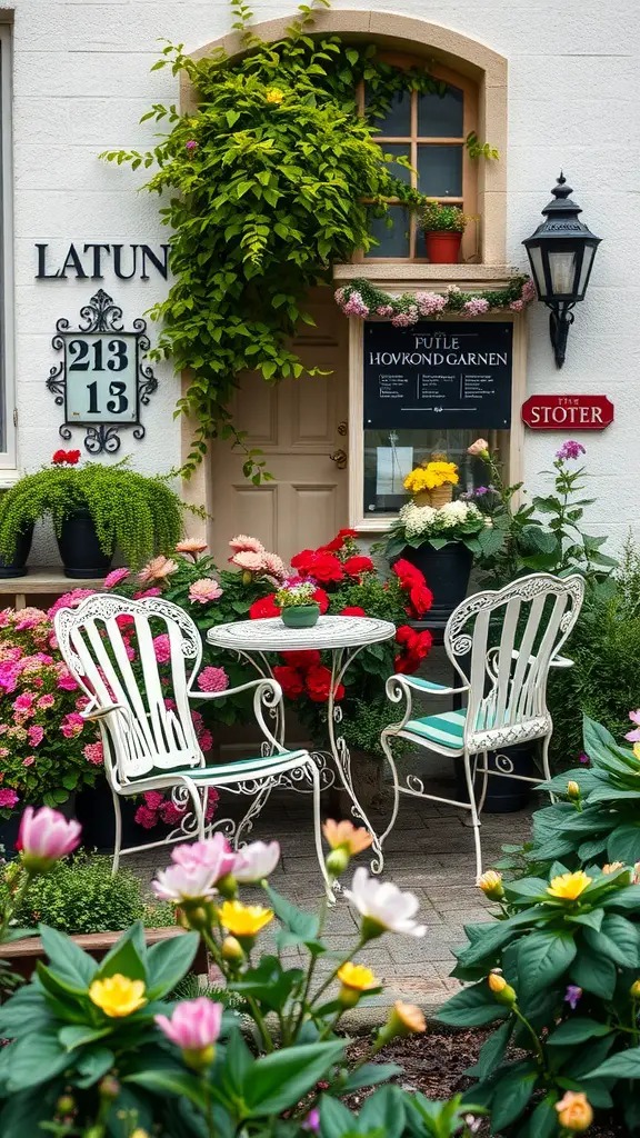 27 Stunning Front Garden Ideas to Transform Your Curb Appeal 27 A vintage garden setup featuring a white table and chairs surrounded by colorful flowers.