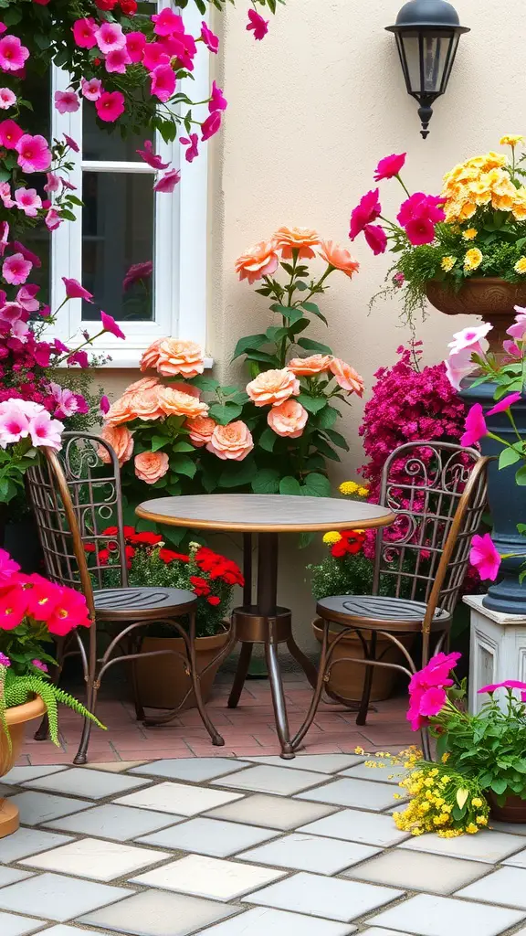27 Absolutely Stunning Secret Garden Ideas to Inspire Your Space 5 A cozy garden setting featuring vintage furniture surrounded by colorful flowers.