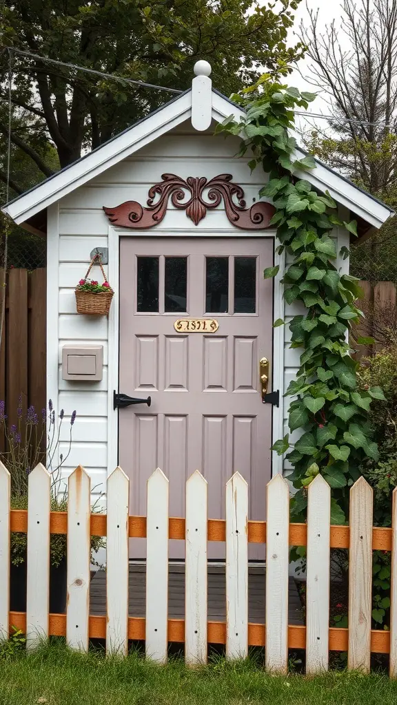 37 Creative Backyard Shed Ideas for Every Style 13 A charming vintage garden shed with a pink door and decorative wooden elements, surrounded by a white picket fence and greenery.