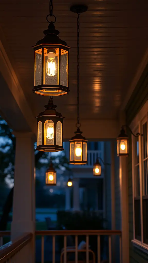 Vintage lanterns hanging on a porch, illuminating the space with a warm glow.