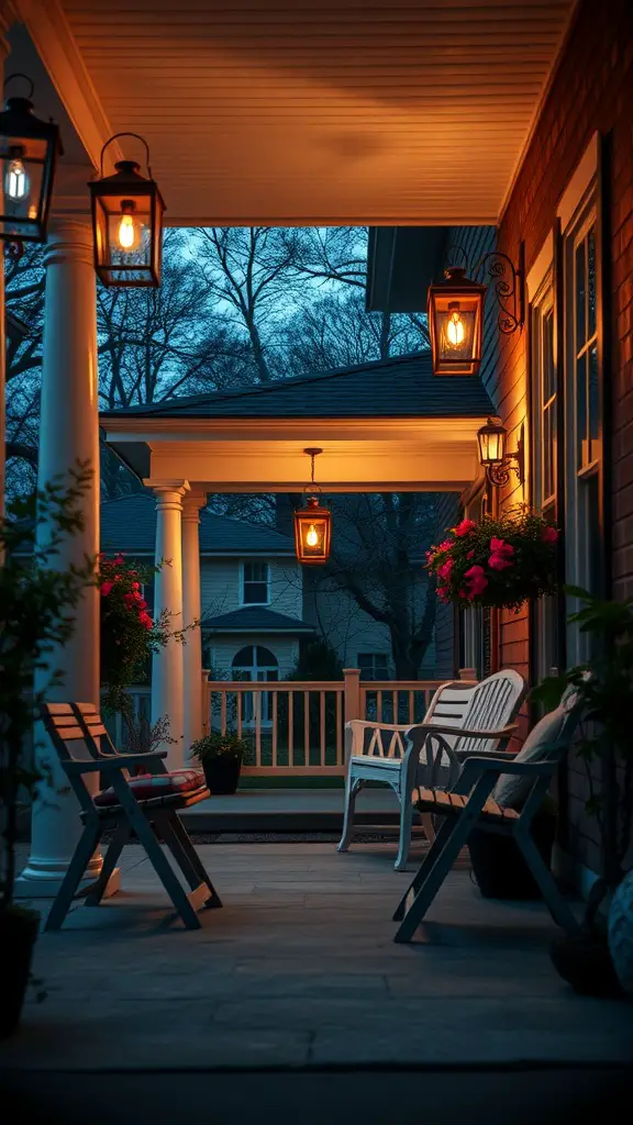 27 Cozy Front Porch Ideas for a Welcoming Home 15 Cozy front porch with vintage lanterns glowing softly, surrounded by comfortable chairs and hanging flowers.