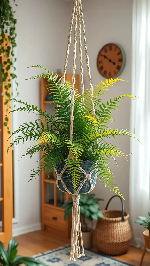 13 Creative Wall Macrame Plant Hanger Ideas for Your Home Decor 9 A vintage macrame plant hanger with ferns, displayed in a bright room
