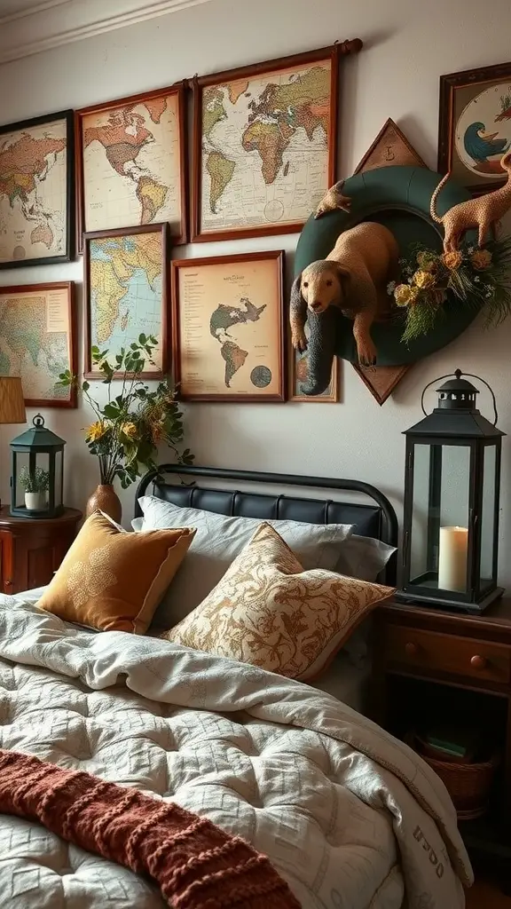 A cozy forestcore bedroom featuring vintage maps, plants, and nature-themed decor.