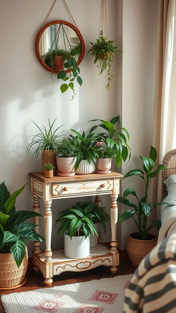 A vintage plant stand displaying various houseplants, complemented by a hanging mirror and additional greenery.