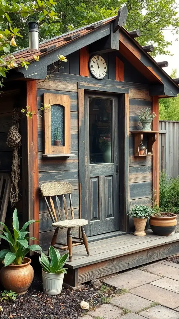 23 Stunning Garden Shed Exterior Ideas to Transform Your Backyard 12 A vintage shed made of wood with rustic charm, featuring a porch, a clock, and surrounding plants.