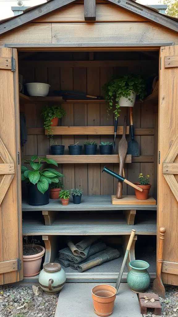 25 Creative Garden Shed Ideas for Your Outdoor Space 7 A vintage style potting shed with wooden shelves, plants in pots, and gardening tools arranged neatly.
