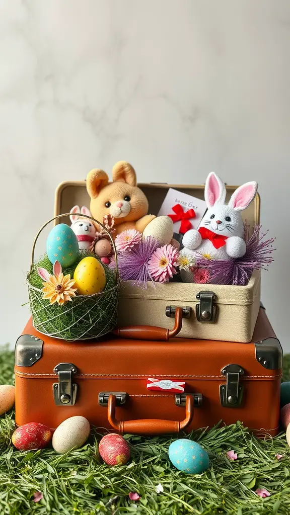 A vintage suitcase filled with Easter decorations and colorful eggs.