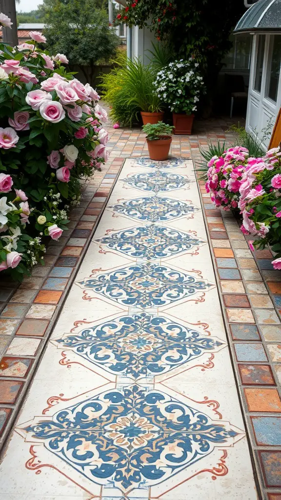 31 Creative Garden Walkway Ideas for Your Outdoor Space 21 A vintage tiled pathway bordered by colorful flowers in a garden.
