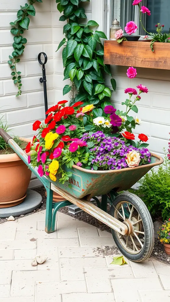 27 Creative Corner Landscaping Ideas for Your Garden 21 A vintage wheelbarrow filled with colorful flowers, placed in a garden corner