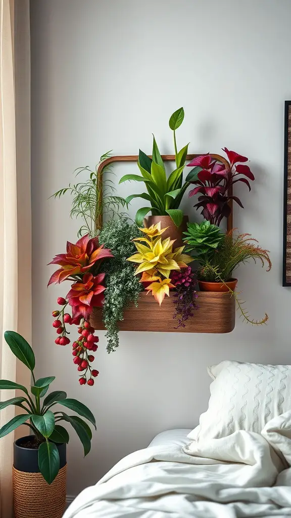 A cozy bedroom featuring a wall-mounted planter with various colorful plants, complementing a serene atmosphere.