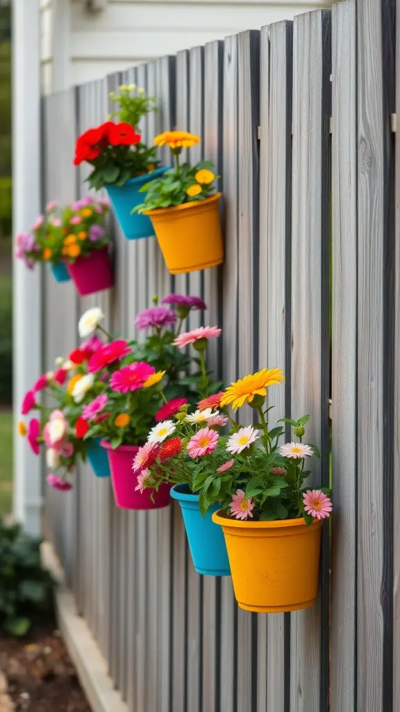 Colorful wall-mounted planters with flowers, attached to a wooden fence