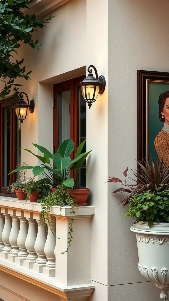 Wall-mounted sconces illuminating a balcony with plants and decorative elements.