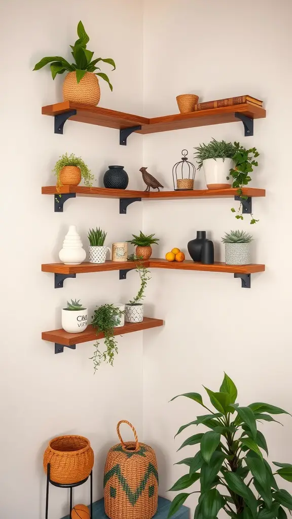 27 Creative Corner Landscaping Ideas for Your Garden 14 Wall-mounted wooden shelves in a corner, decorated with plants and various decorative items.