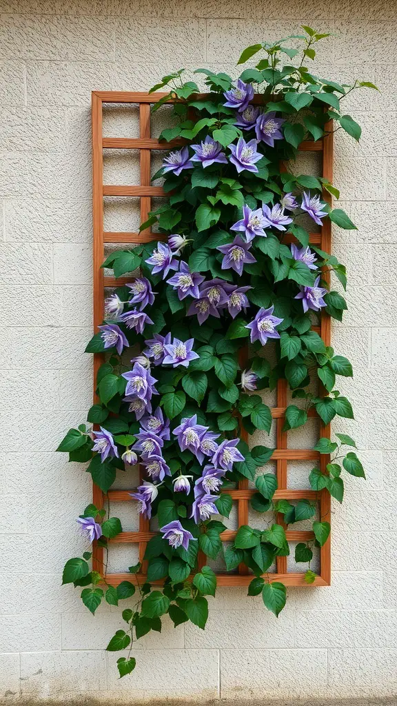 21 Stunning Clematis Trellis Ideas for Your Garden 23 A wooden wall-mounted trellis with vibrant purple clematis flowers growing on it