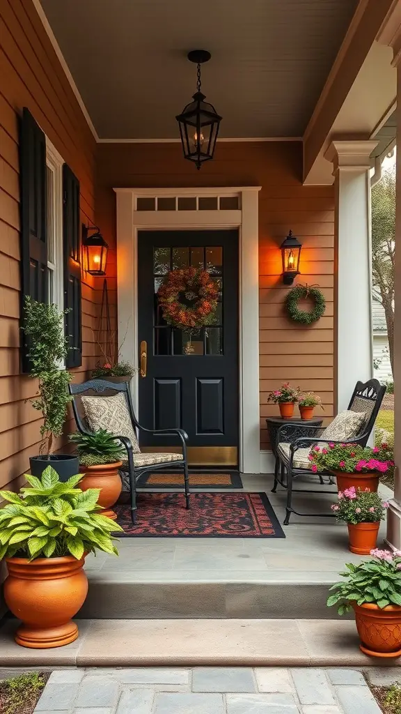 A cozy front porch featuring warm color palettes, lanterns, a decorated door, and planters.