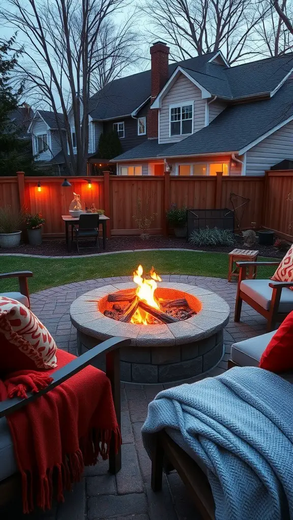 33 Cozy Backyard Ideas for Your Perfect Outdoor Oasis 5 A cozy backyard fire pit with seating and warm blankets in a serene evening setting.