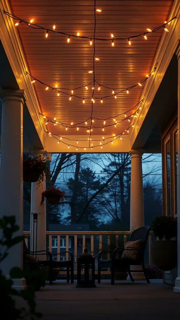 27 Cozy Front Porch Ideas for a Welcoming Home 7 Cozy front porch with warm string lights draped across the ceiling, creating an inviting atmosphere.
