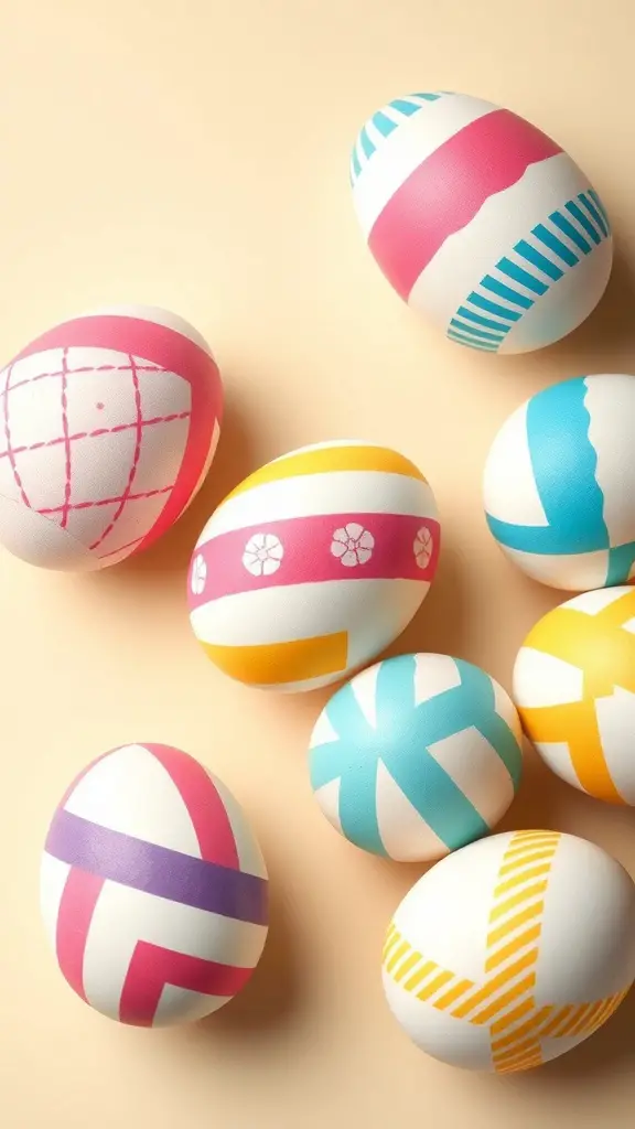 Colorful washi tape decorated eggs arranged in an artistic pattern on a soft background.