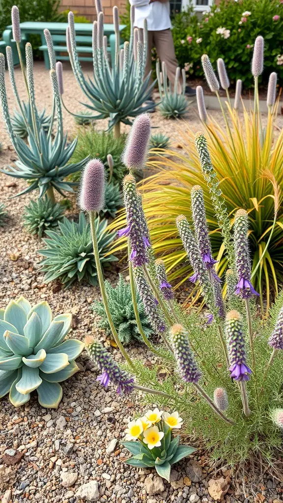 23 Stunning Perennial Garden Ideas to Transform Your Outdoor Space 7 A garden featuring various water-wise perennials, including succulents with purple flowers and green foliage.