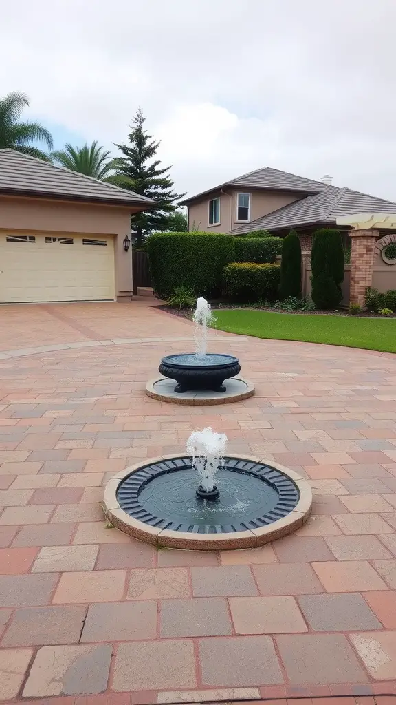 A driveway with three tiered fountains surrounded by landscaped greenery
