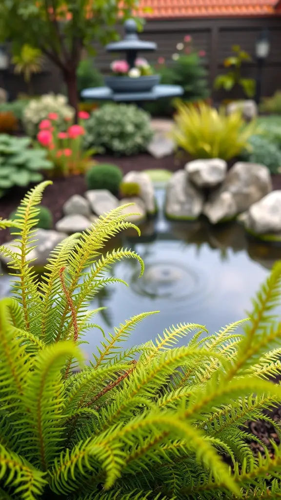 Lush foxtail fern in a garden with a water feature