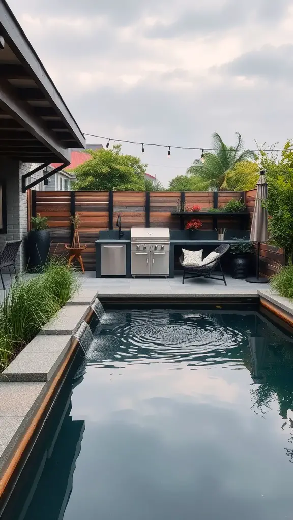 35 Creative Backyard Kitchen Ideas for Outdoor Cooking Enthusiasts 19 A backyard kitchen with a pool, grill, and comfortable seating surrounded by greenery.
