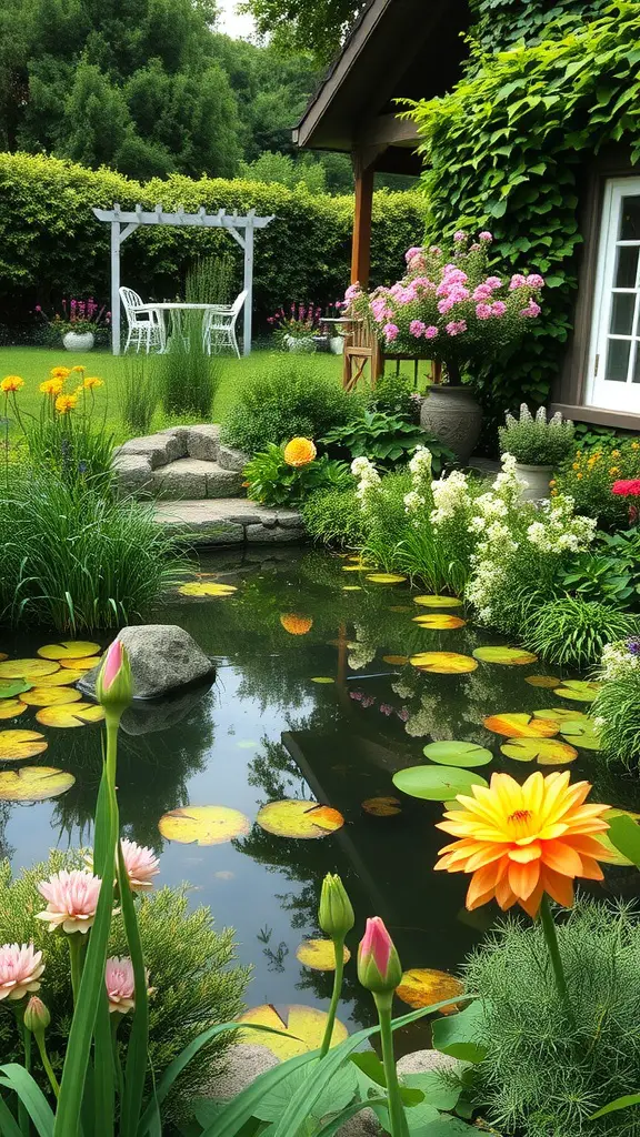 23 Stunning Cottage Garden Design Ideas for a Charming Outdoor Space 12 A tranquil cottage garden featuring a pond with lily pads, surrounded by colorful flowers and a seating area.
