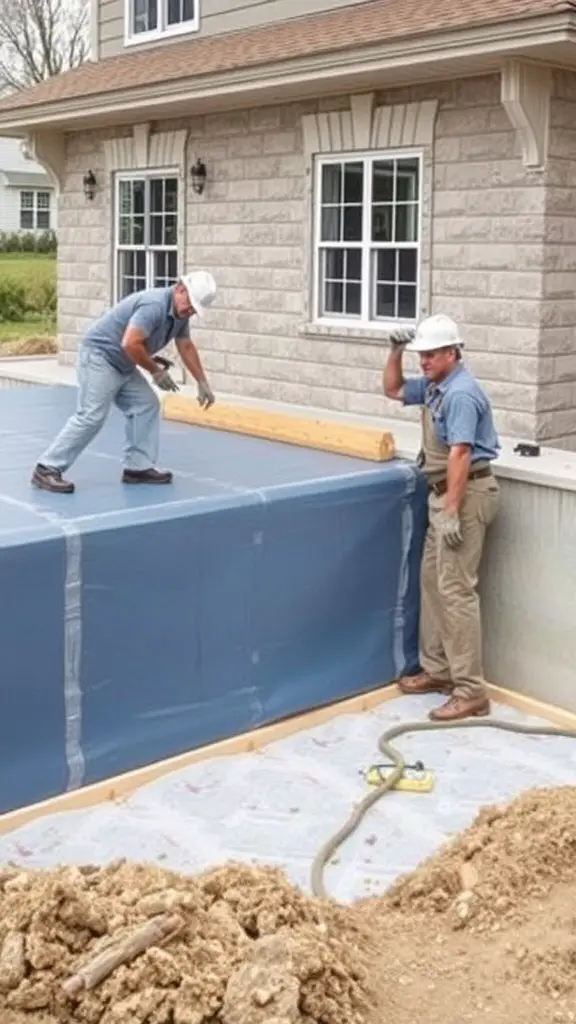 Two workers installing a waterproofing membrane on a foundation.