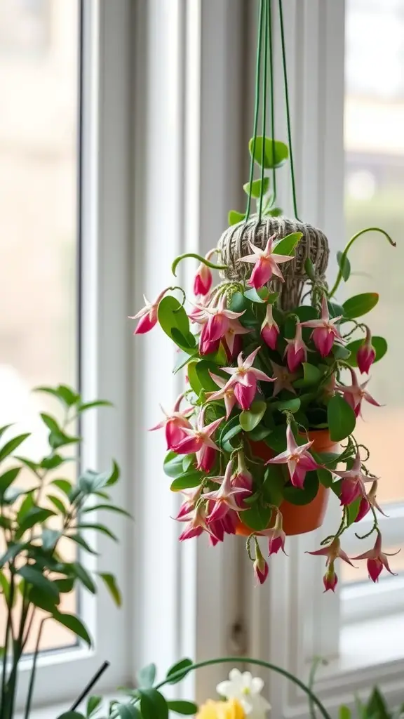 15 Stunning Hanging Plants to Beautify Your Living Room Windows 17 A wax plant with pink flowers hanging in front of a window.