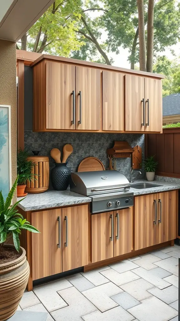 35 Creative Backyard Kitchen Ideas for Outdoor Cooking Enthusiasts 15 Outdoor kitchen with weather-resistant storage solutions, featuring wooden cabinets and a grill.