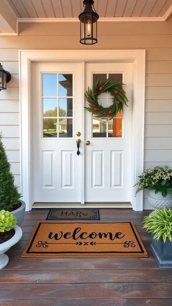 Front porch with a welcome doormat and a personalized mat