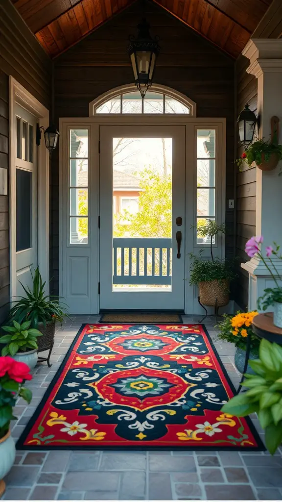 A colorful patterned rug placed at the entrance of a house, surrounded by plants and a welcoming atmosphere.