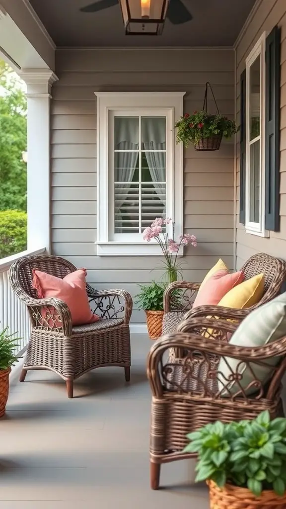 27 Cozy Front Porch Ideas for a Welcoming Home 4 Cozy front porch with wicker furniture and colorful cushions