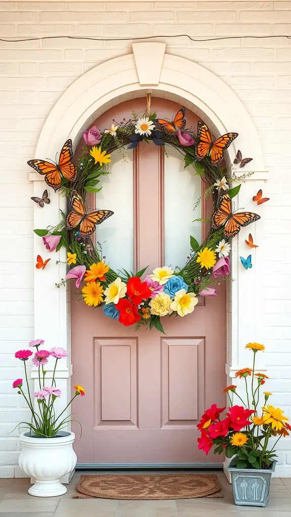 A vibrant spring wreath featuring butterflies and colorful flowers on a pink door.