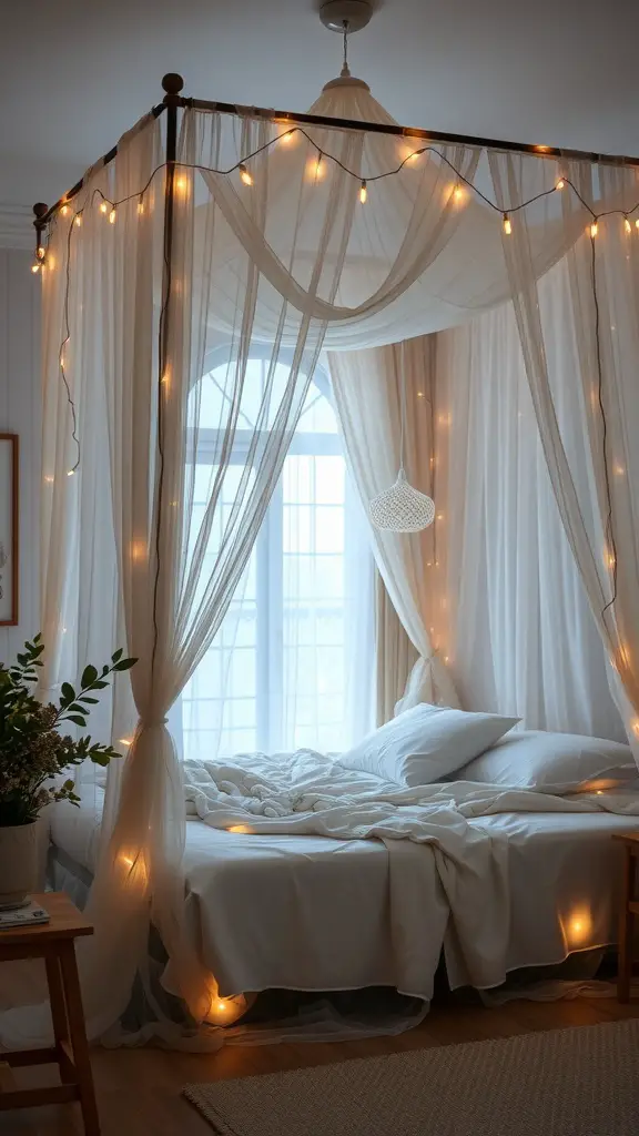 Cozy canopy bed with fairy lights and soft drapes in a tranquil bedroom setting.