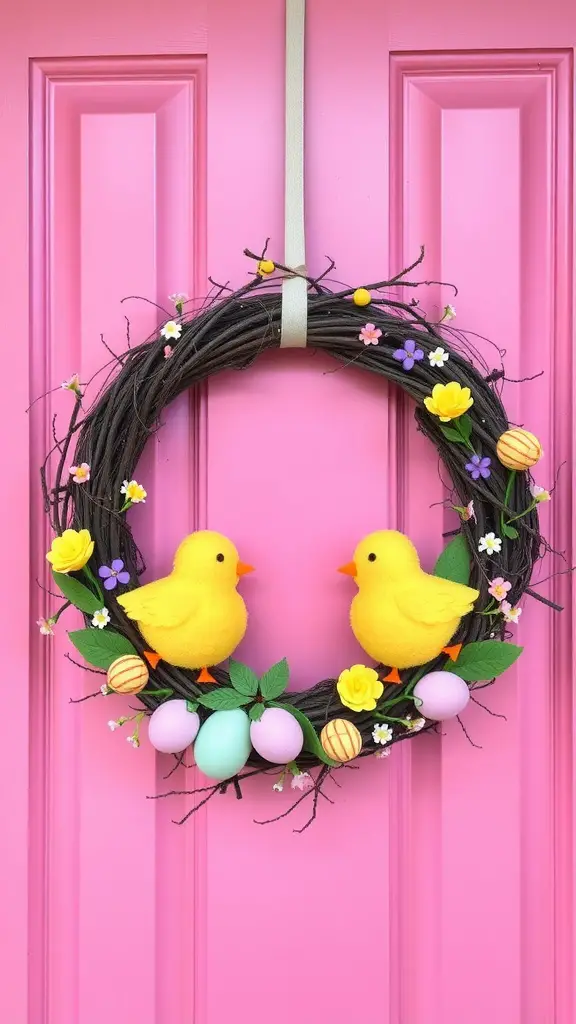 Whimsical wreath featuring two yellow chicks and colorful Easter eggs on a pink door.