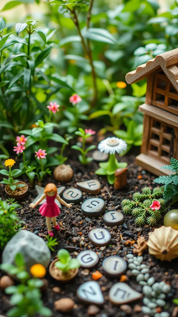 27 Stunning Front Garden Ideas to Transform Your Curb Appeal 12 A whimsical fairy garden scene with a miniature girl figure, colorful flowers, and a small wooden house