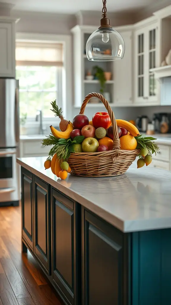 A colorful fruit basket filled with various fruits on a kitchen island.