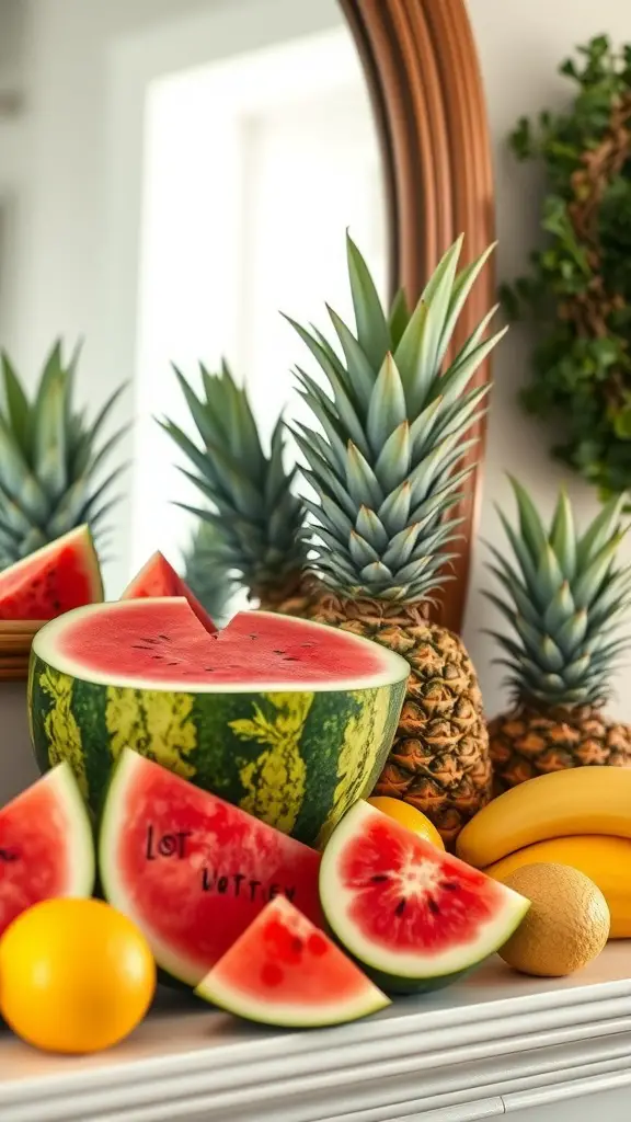 A colorful display of fruits including watermelon, pineapples, and bananas on a mantel