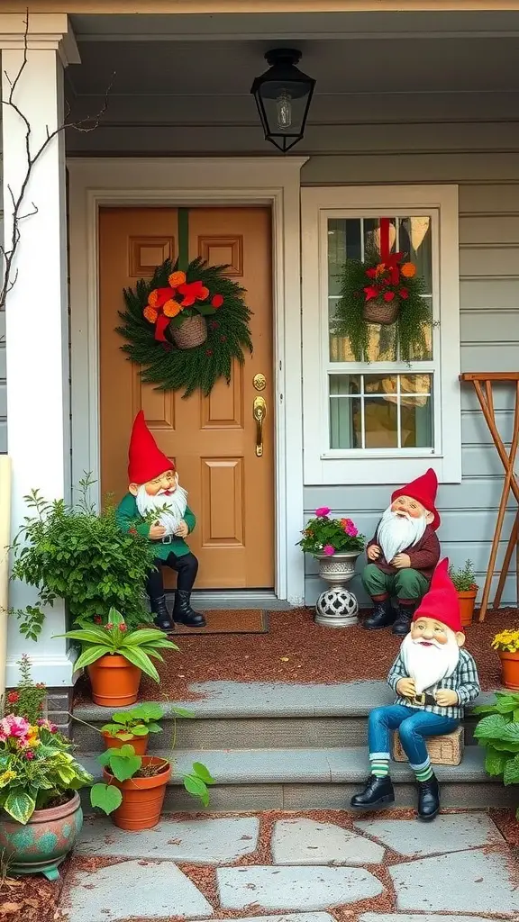27 Cozy Front Porch Ideas for a Welcoming Home 18 A cozy front porch featuring three garden gnomes among potted plants and a welcoming door.
