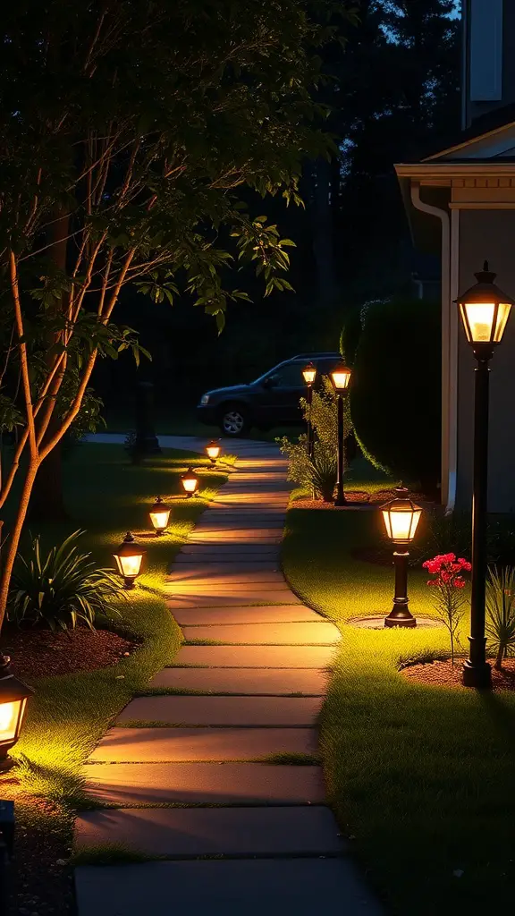 25 Stunning Front Yard Landscaping Ideas to Elevate Your Curb Appeal 19 A charming garden path illuminated by lanterns at night, surrounded by grass and flowers.