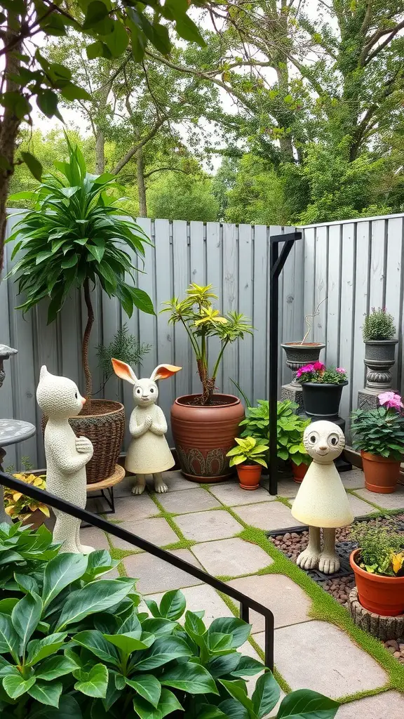 Colorful garden with whimsical statues and potted plants.