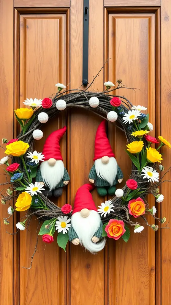 A whimsical gnome wreath with red-hatted gnomes and colorful flowers on a wooden door.