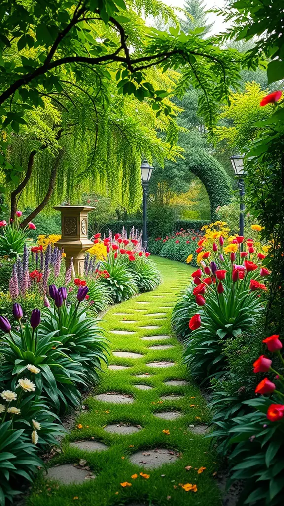 27 Absolutely Stunning Secret Garden Ideas to Inspire Your Space 28 A serene garden pathway lined with colorful flowers and lush greenery.