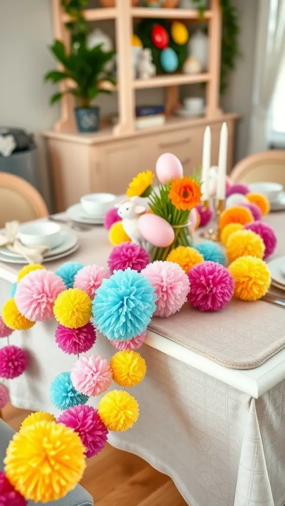 A colorful Easter table centerpiece featuring a pom pom garland.