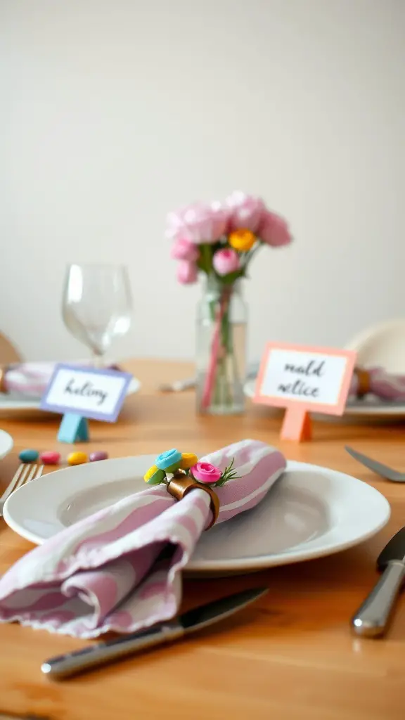 A whimsical table setting with striped napkins, colorful name cards, and a flower arrangement.