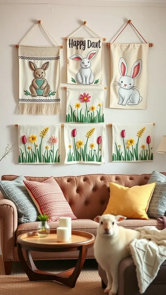 Colorful wall hangings of bunnies and flowers in a living room, with a cozy sofa and a cute pet.