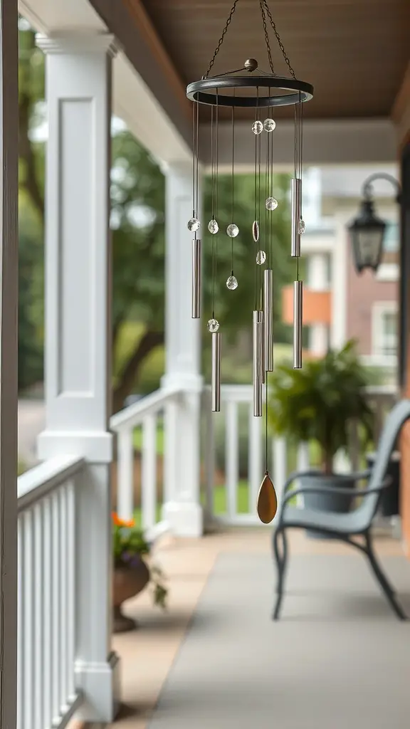 A decorative wind chime hanging on a patio.