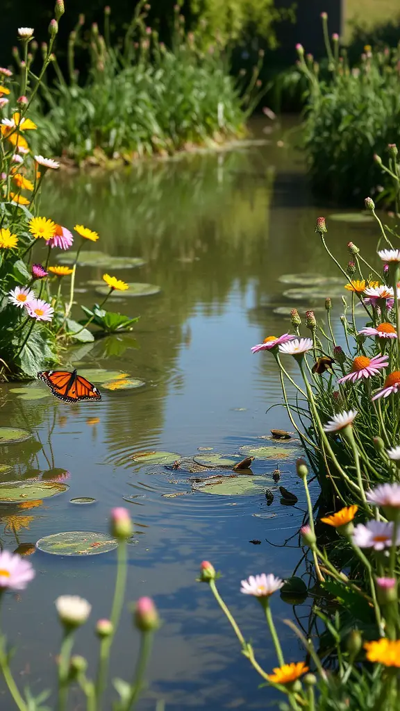 A peaceful pond surrounded by colorful wildflowers and a butterfly fluttering nearby.